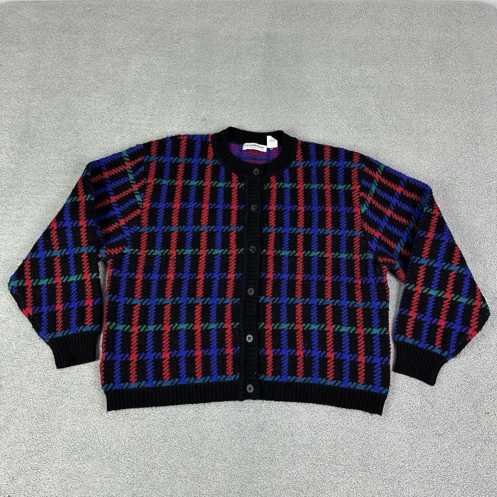 Vintage Liz‎ Claiborne Cardigan Womens Large Plaid Merino Wool Sweater Grandma